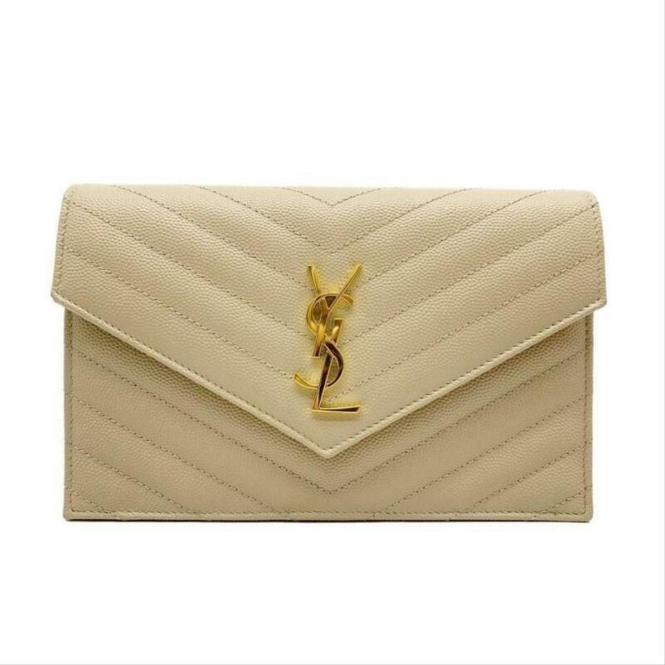 Saint Laurent Monogram Envelope Chain Wallet Small Poudre Beige Leather Cross Body Bag