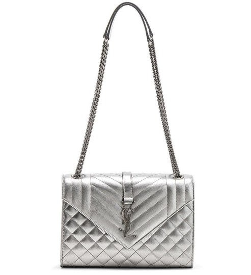 Saint Laurent Monogram Envelope Metallic Grain De Poudre Textured Mixed Matelasse Triquilt Silver Leather Shoulder Bag
