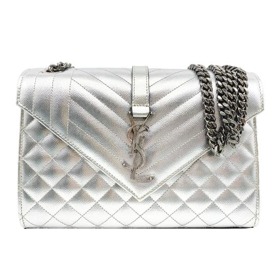 Saint Laurent Monogram Envelope Metallic Grain De Poudre Textured Mixed Matelasse Triquilt Silver Leather Shoulder Bag