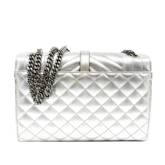 Saint Laurent Monogram Envelope Metallic Grain De Poudre Textured Mixed Matelasse Triquilt Silver Leather Shoulder Bag