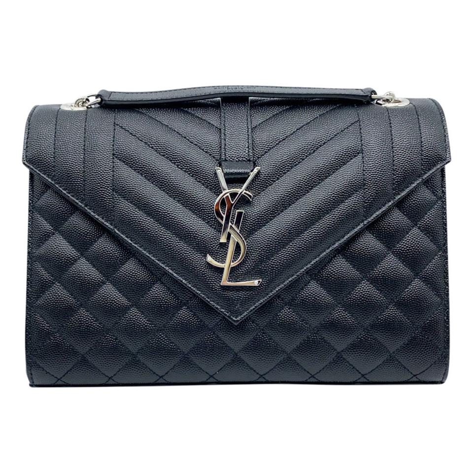 Saint Laurent Monogram Envelope Shoulder Medium Tri-quilted Matelasse Grain De Poudre Flap Black Leather Cross Body Bag