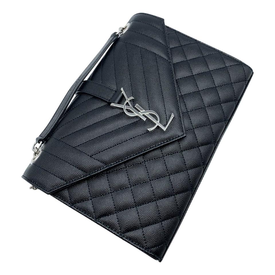 Saint Laurent Monogram Envelope Shoulder Medium Tri-quilted Matelasse Grain De Poudre Flap Black Leather Cross Body Bag