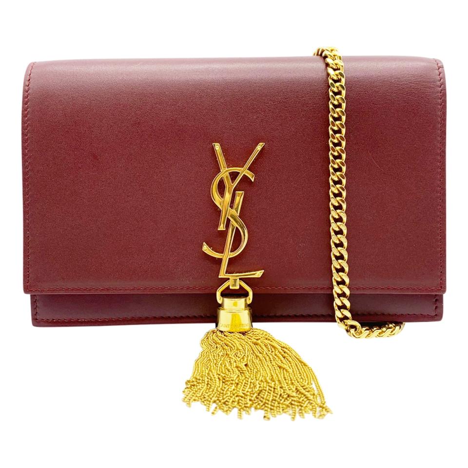 Saint Laurent Monogram Kate Chain Wallet Tassel Plum Red Calfskin Leather