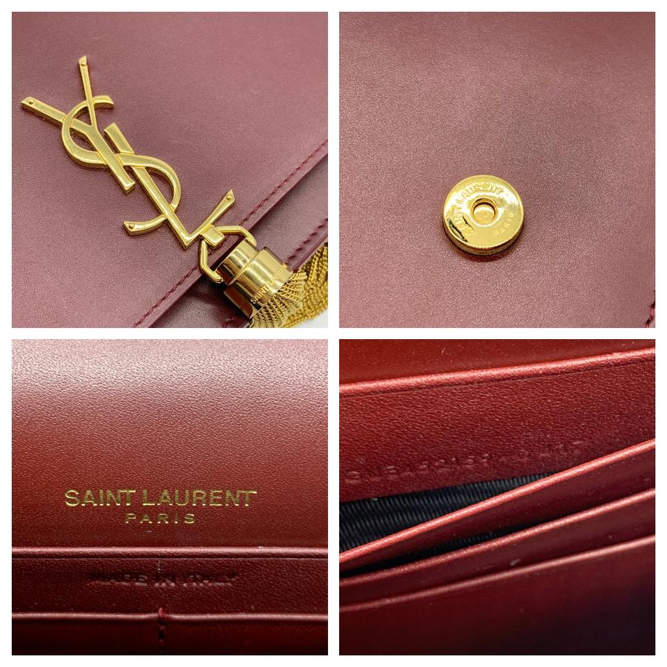 Saint Laurent Monogram Kate Chain Wallet Tassel Plum Red Calfskin Leather