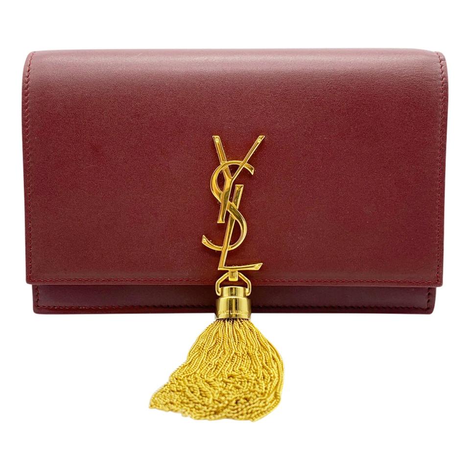Saint Laurent Monogram Kate Chain Wallet Tassel Plum Red Calfskin Leather