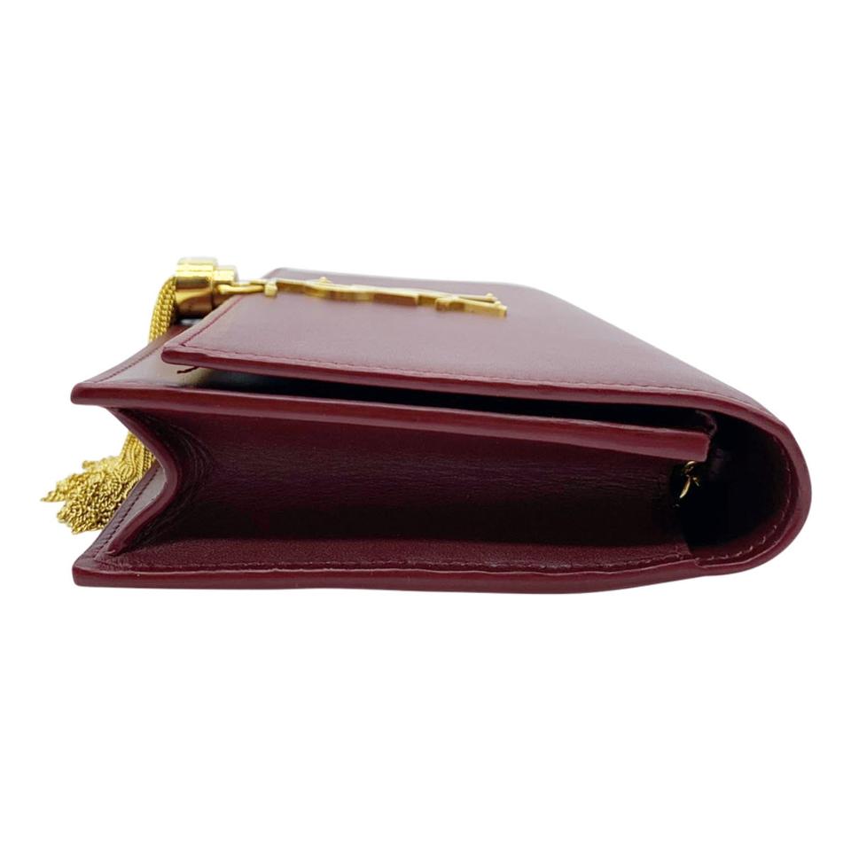 Saint Laurent Monogram Kate Chain Wallet Tassel Plum Red Calfskin Leather