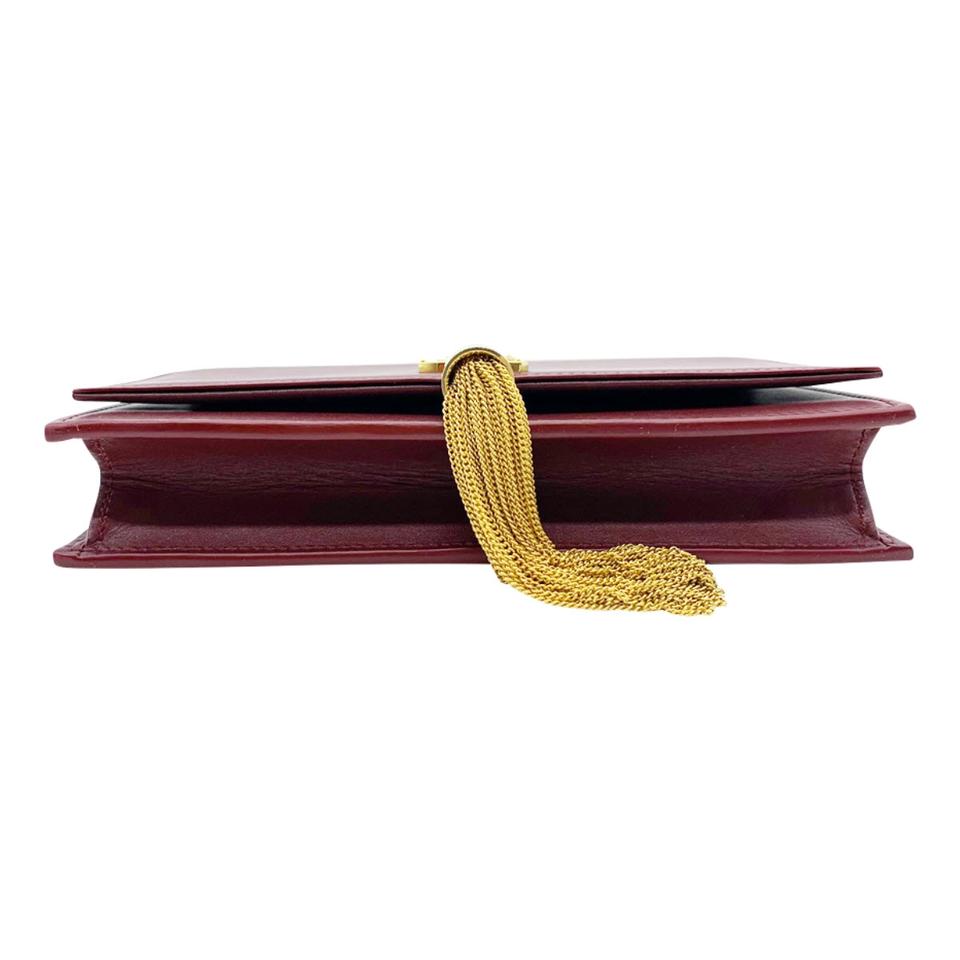 Saint Laurent Monogram Kate Chain Wallet Tassel Plum Red Calfskin Leather