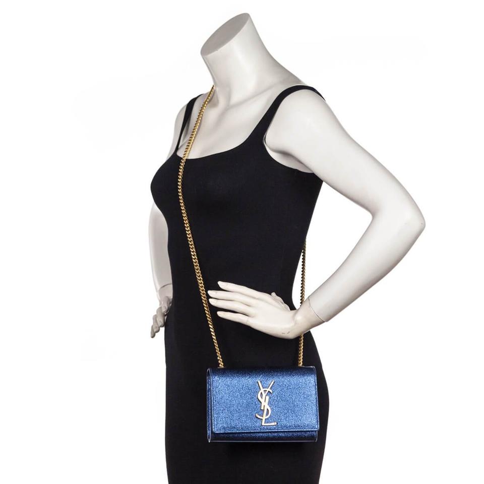 Saint Laurent Monogram Kate Metallic Textured Calfskin Small Classic Blue Leather Shoulder Bag