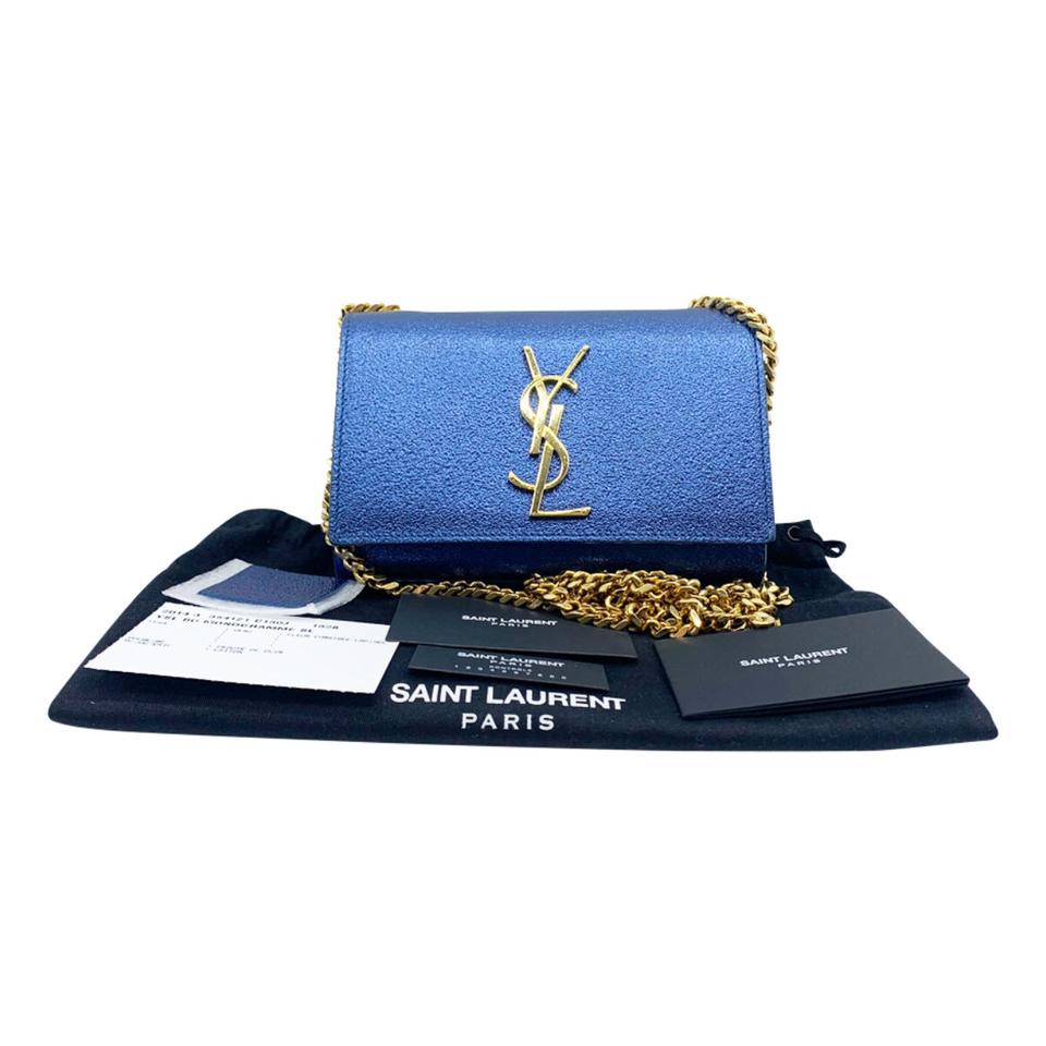 Saint Laurent Monogram Kate Metallic Textured Calfskin Small Classic Blue Leather Shoulder Bag