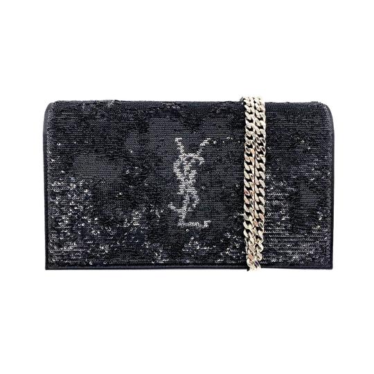 Saint Laurent Monogram Kate Chain Wallet Sequin Flip Monogram Black Satin Cross Body Bag