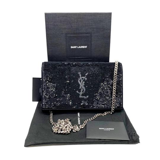 Saint Laurent Monogram Kate Chain Wallet Sequin Flip Monogram Black Satin Cross Body Bag