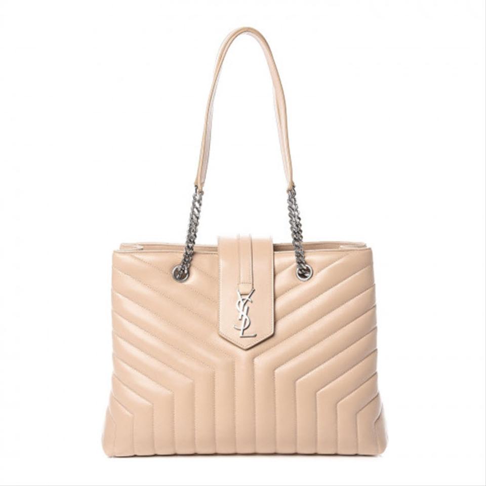 Saint Laurent Monogram Loulou Calfskin Matelasse Large Monogram Shopper Nude Powder Beige Leather Tote