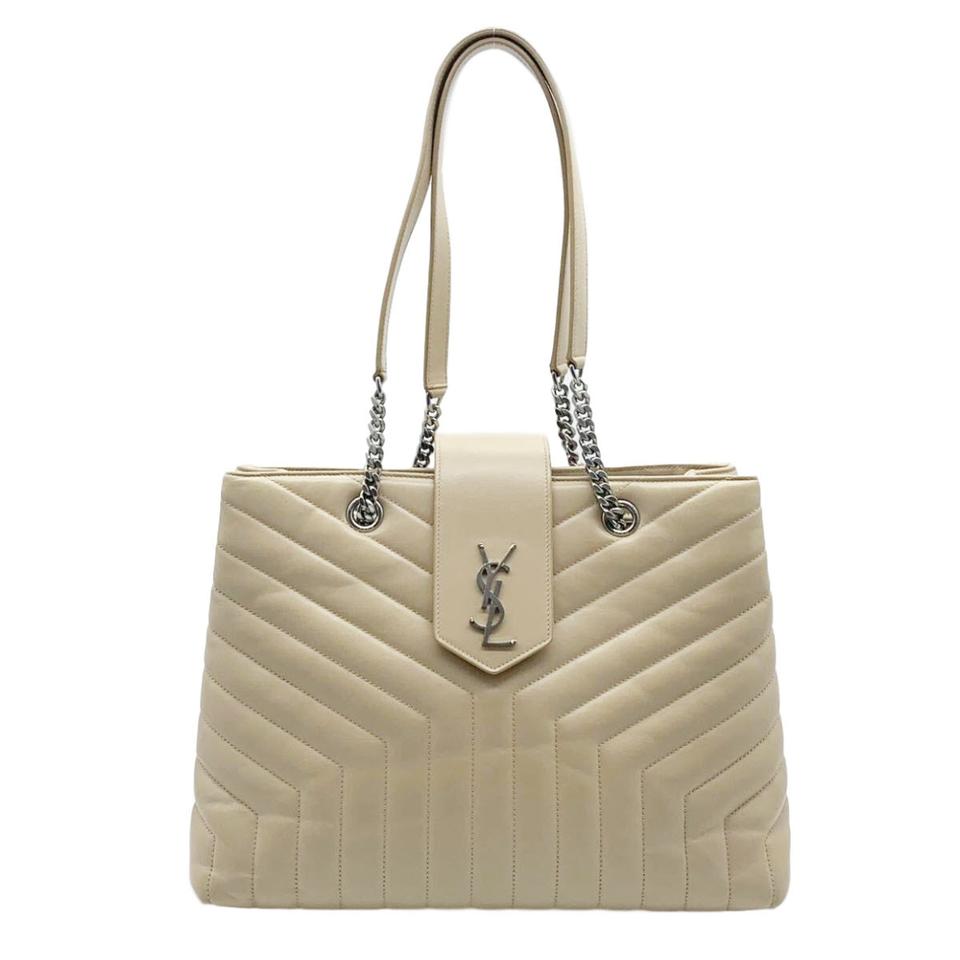 Saint Laurent Monogram Loulou Calfskin Matelasse Large Monogram Shopper Nude Powder Beige Leather Tote