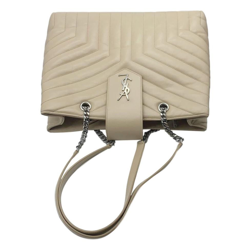 Saint Laurent Monogram Loulou Calfskin Matelasse Large Monogram Shopper Nude Powder Beige Leather Tote