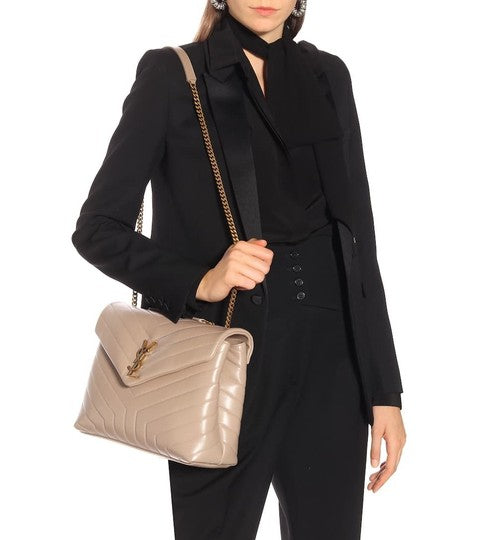 Saint Laurent Monogram Loulou Medium Monogram Dusty Grey Beige Leather Shoulder Bag