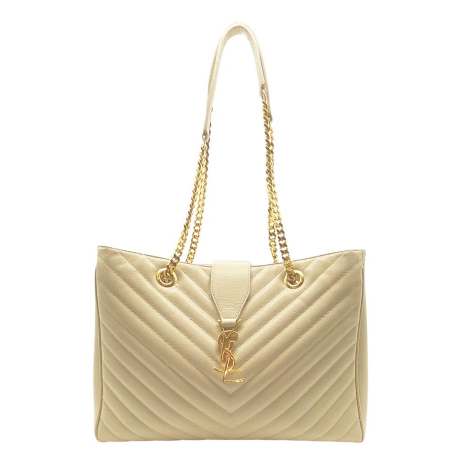 Saint Laurent Monogram Shopping Grain De Poudre Matelasse Chevron Beige Leather Shoulder Bag