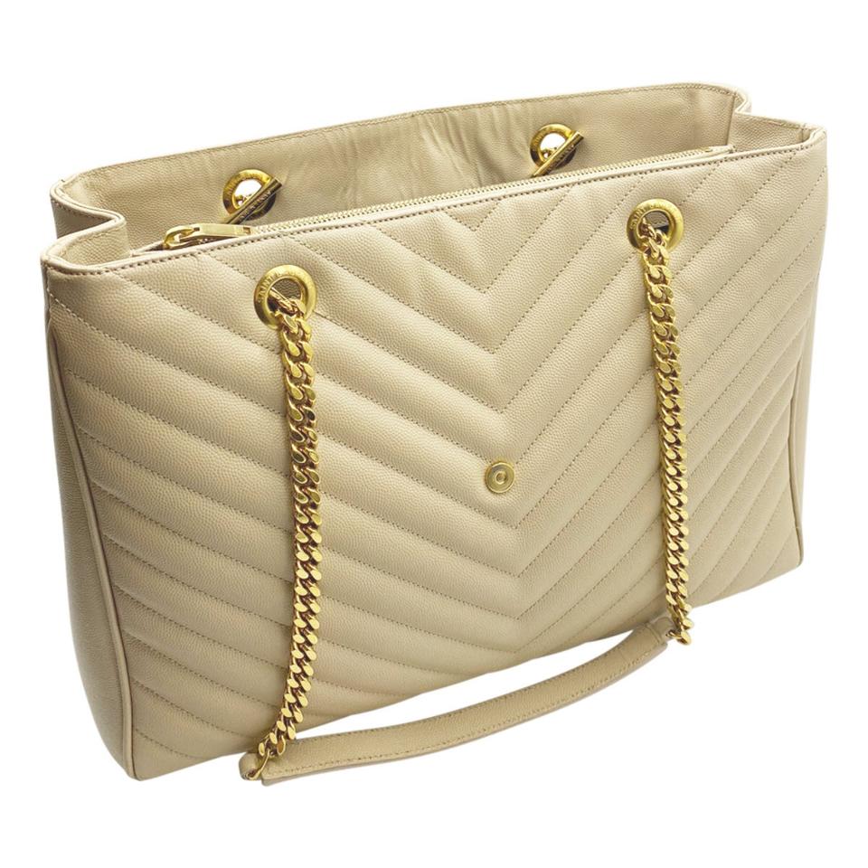 Saint Laurent Monogram Shopping Grain De Poudre Matelasse Chevron Beige Leather Shoulder Bag