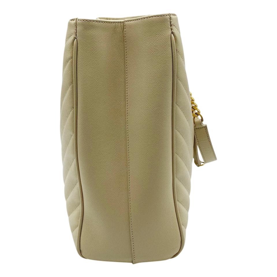 Saint Laurent Monogram Shopping Grain De Poudre Matelasse Chevron Beige Leather Shoulder Bag
