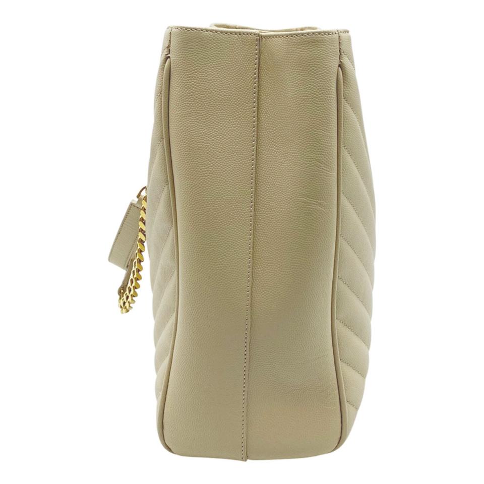 Saint Laurent Monogram Shopping Grain De Poudre Matelasse Chevron Beige Leather Shoulder Bag