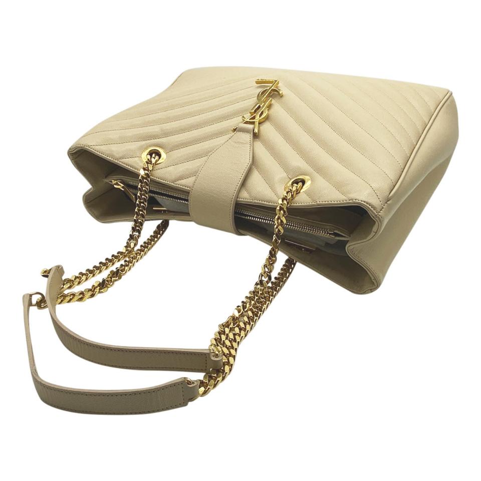 Saint Laurent Monogram Shopping Grain De Poudre Matelasse Chevron Beige Leather Shoulder Bag