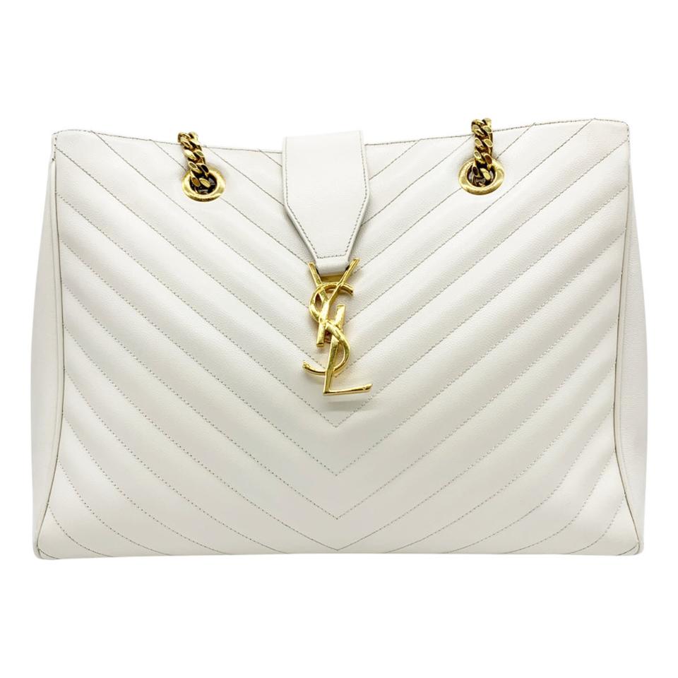 Saint Laurent Monogram Shopping Grain De Poudre Matelasse Chevron White Leather Shoulder Bag