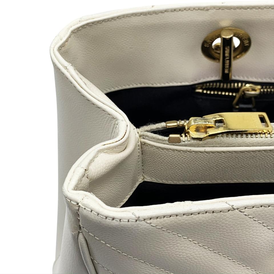 Saint Laurent Monogram Shopping Grain De Poudre Matelasse Chevron White Leather Shoulder Bag