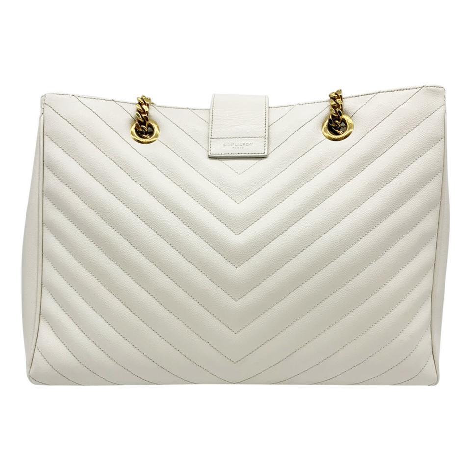 Saint Laurent Monogram Shopping Grain De Poudre Matelasse Chevron White Leather Shoulder Bag