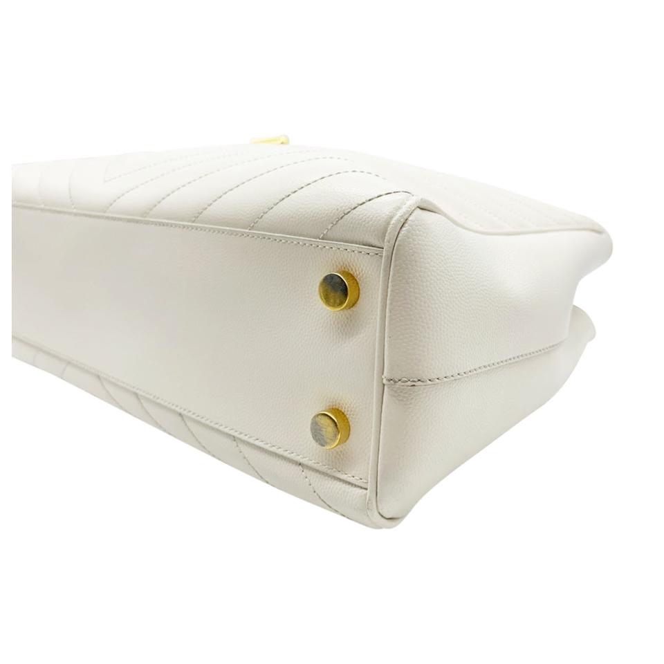 Saint Laurent Monogram Shopping Grain De Poudre Matelasse Chevron White Leather Shoulder Bag