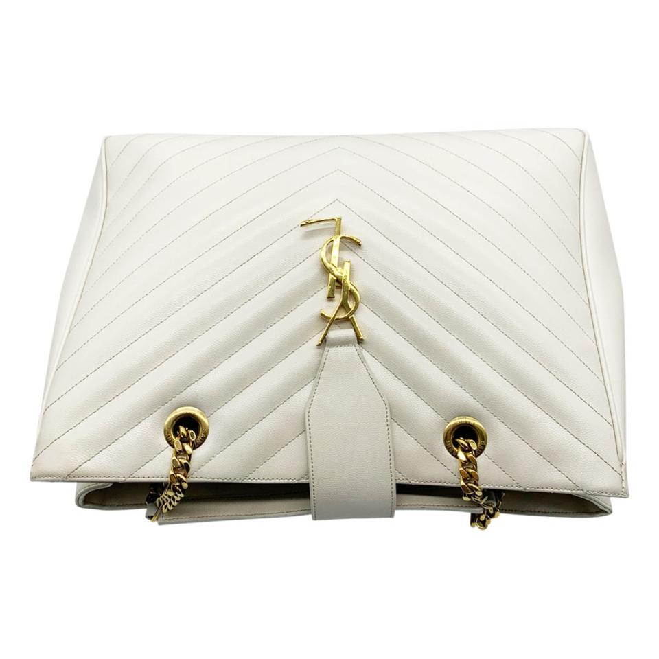 Saint Laurent Monogram Shopping Grain De Poudre Matelasse Chevron White Leather Shoulder Bag