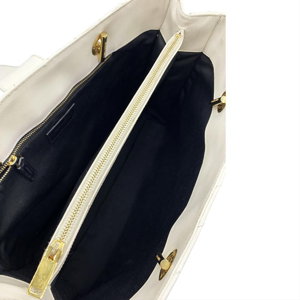 Saint Laurent Monogram Shopping Grain De Poudre Matelasse Chevron White Leather Shoulder Bag