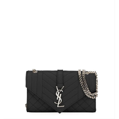 Saint Laurent Monogram Ysl Envelope Small Chain - Silver Hardware Black Leather Shoulder Bag