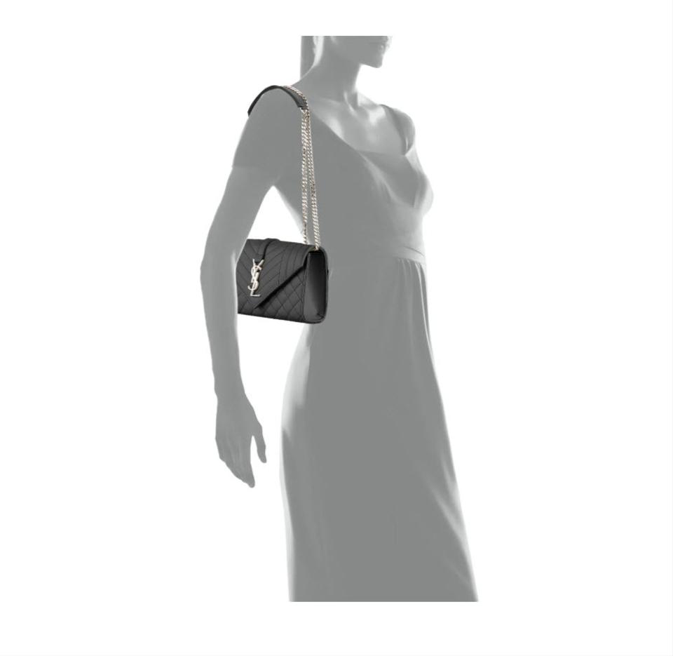 Saint Laurent Monogram Ysl Envelope Small Chain - Silver Hardware Black Leather Shoulder Bag