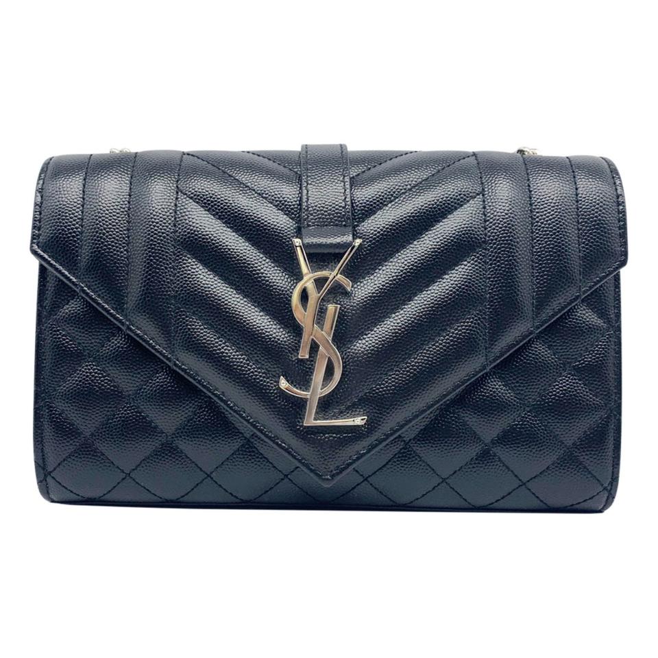 Saint Laurent Monogram Ysl Envelope Small Chain - Silver Hardware Black Leather Shoulder Bag