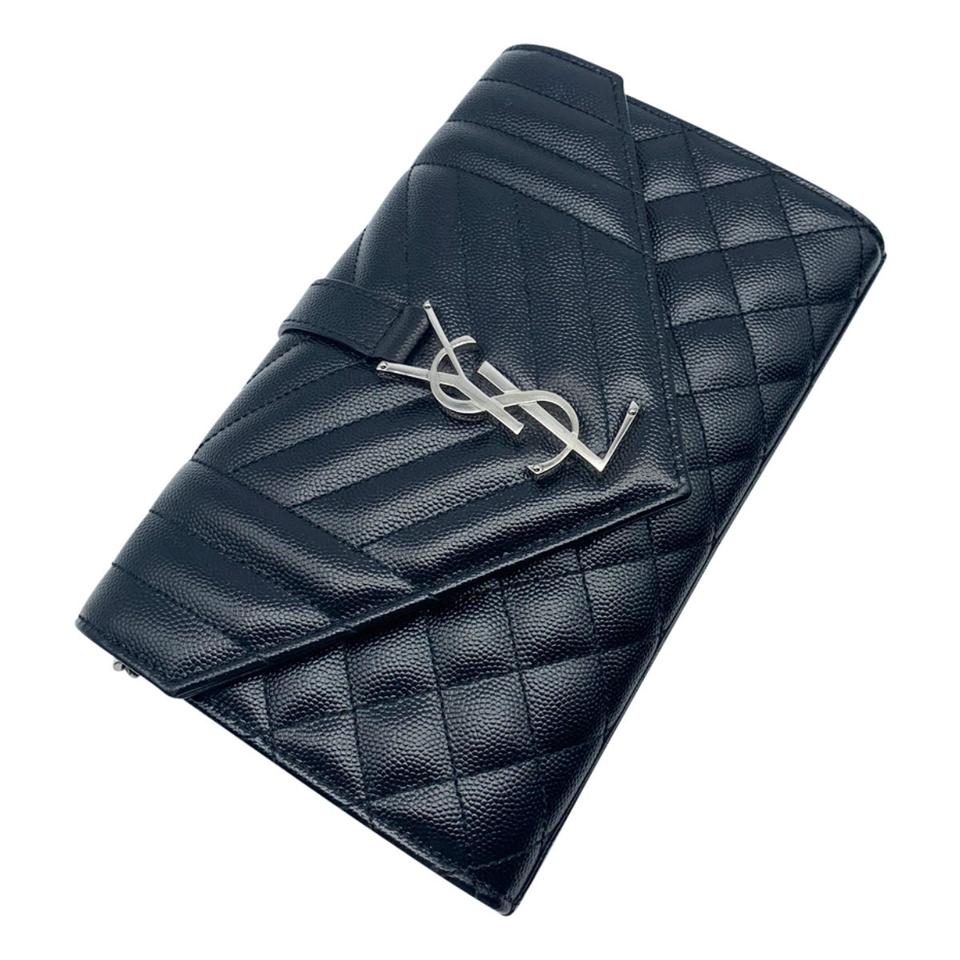 Saint Laurent Monogram Ysl Envelope Small Chain - Silver Hardware Black Leather Shoulder Bag