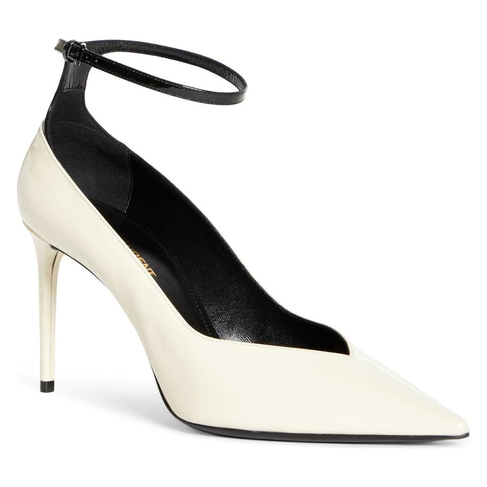 Saint Laurent White Zoe Ankle Strap Pointed Toe Pumps