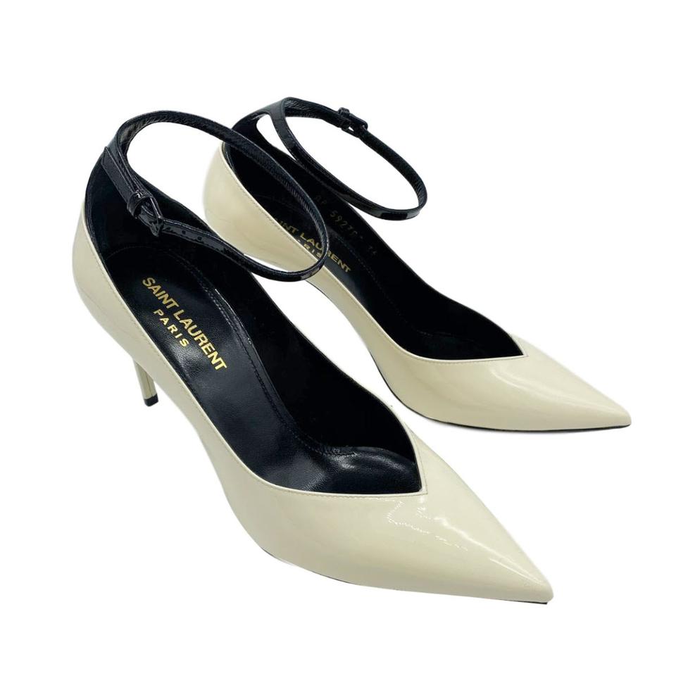 Saint Laurent White Zoe Ankle Strap Pointed Toe Pumps