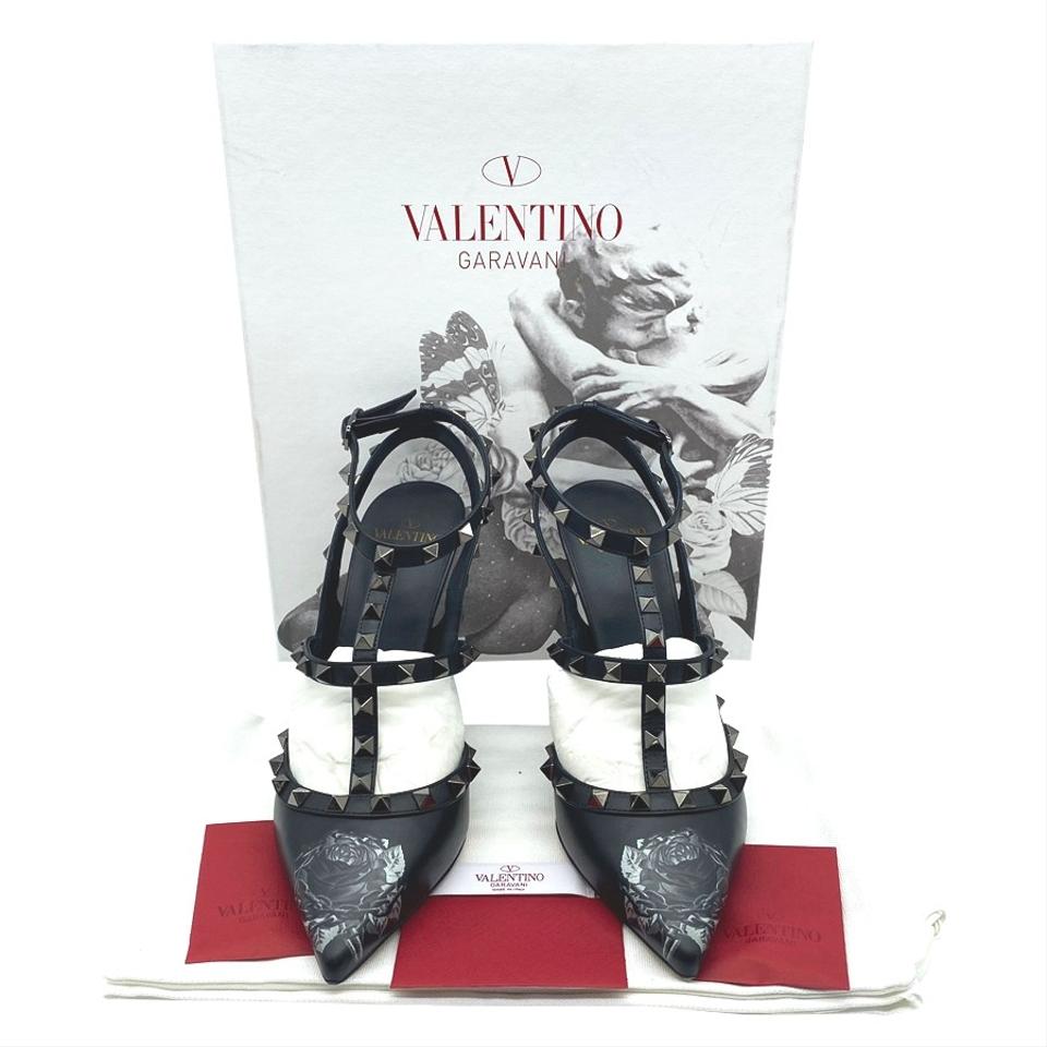 Valentino Black Rockstud Chain Rose Print T-strap Pumps