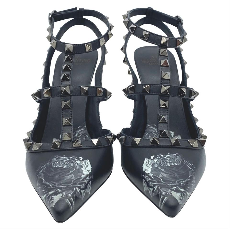 Valentino Black Rockstud Chain Rose Print T-strap Pumps
