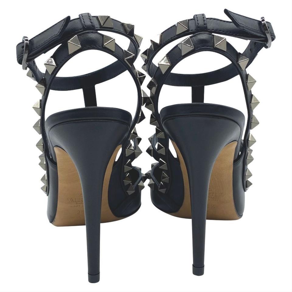 Valentino Black Rockstud Chain Rose Print T-strap Pumps