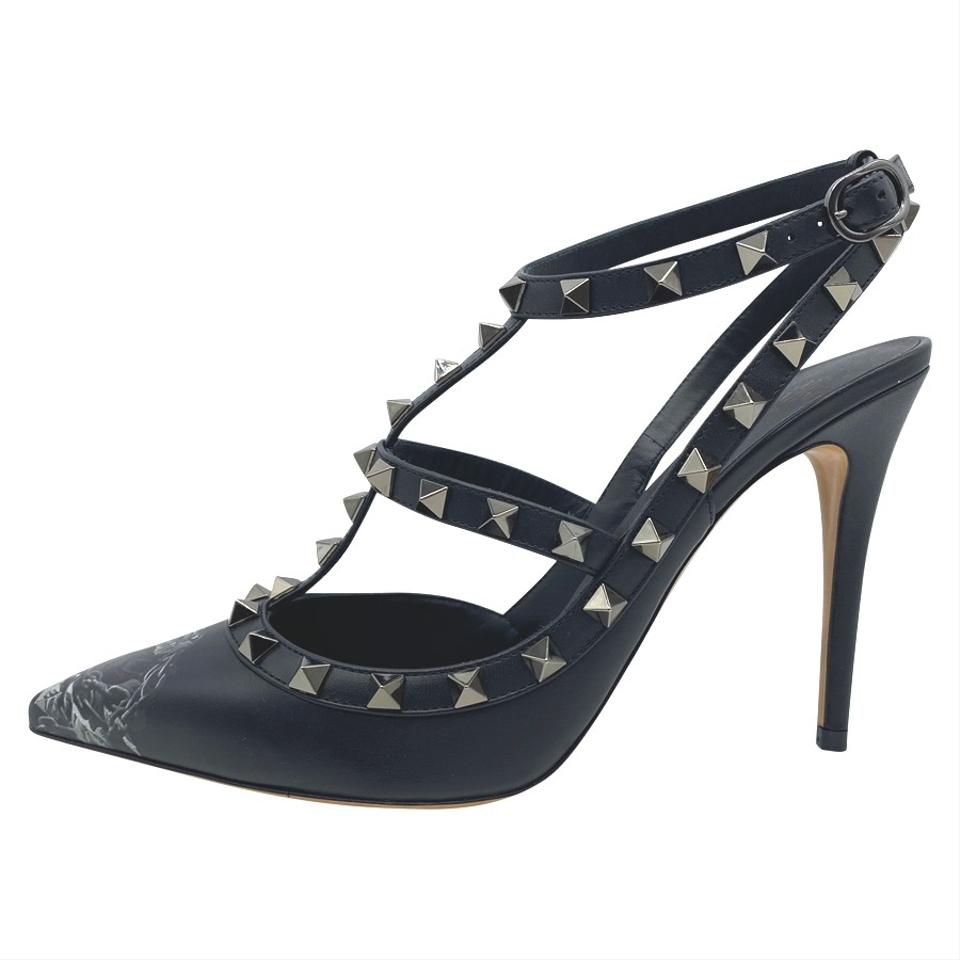 Valentino Black Rockstud Chain Rose Print T-strap Pumps