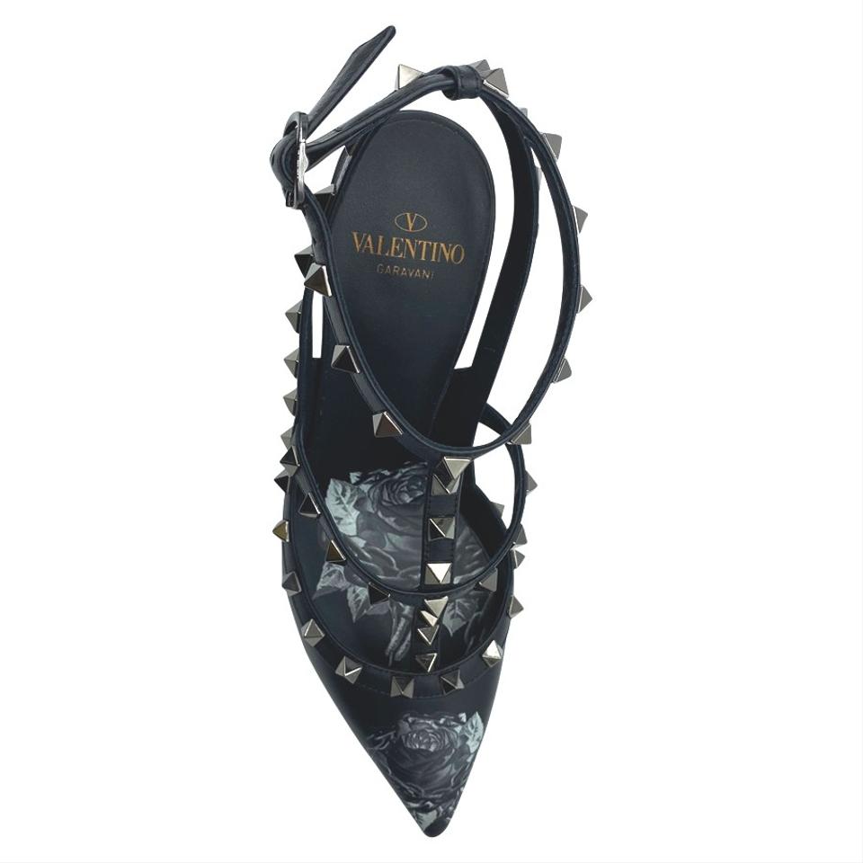 Valentino Black Rockstud Chain Rose Print T-strap Pumps