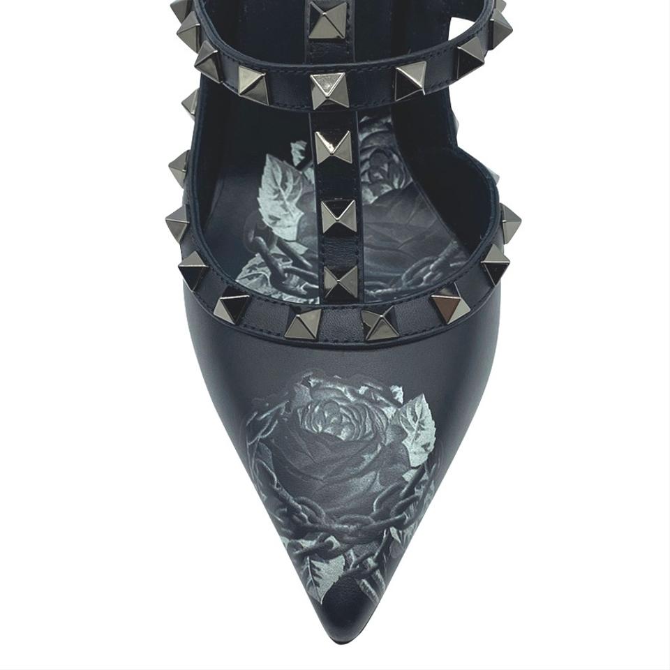 Valentino Black Rockstud Chain Rose Print T-strap Pumps