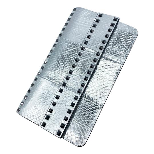 Valentino Clutch Rockstud Metallic Genuine Silver Snakeskin Leather Wristlet