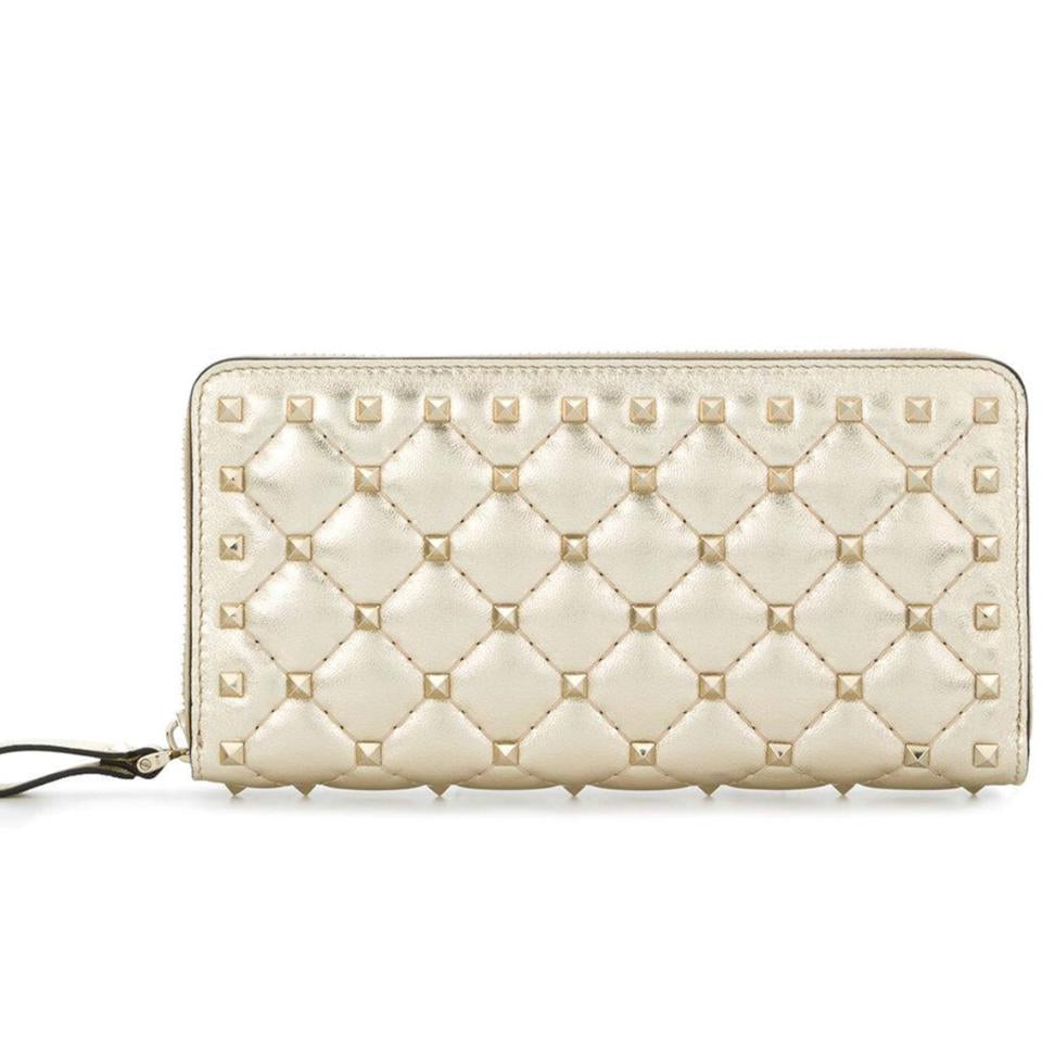 Valentino Womens  Rockstud Spike Leather Zip Around Wallet Metallic Gold