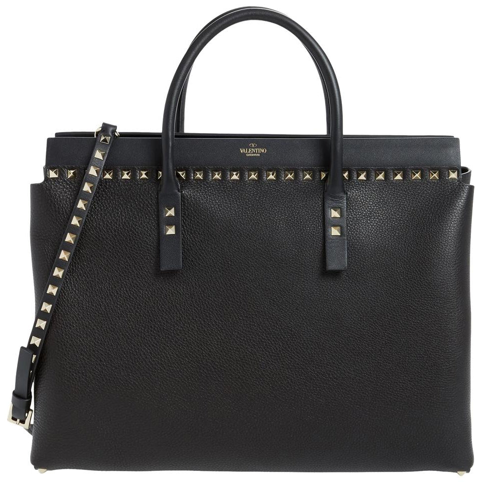 Valentino Medium Rockstud Double Handle Satchel Black Leather Tote