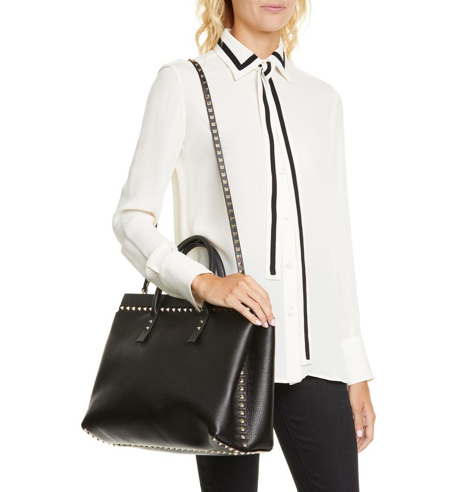Valentino Medium Rockstud Double Handle Satchel Black Leather Tote