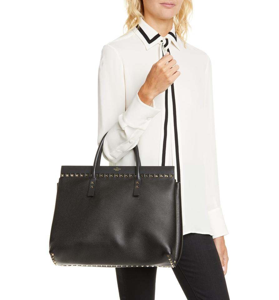 Valentino Medium Rockstud Double Handle Satchel Black Leather Tote