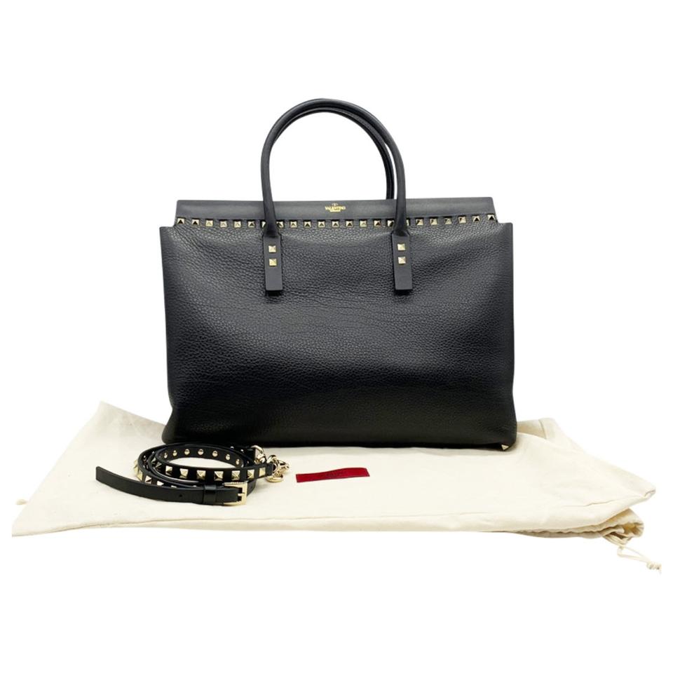 Valentino Medium Rockstud Double Handle Satchel Black Leather Tote