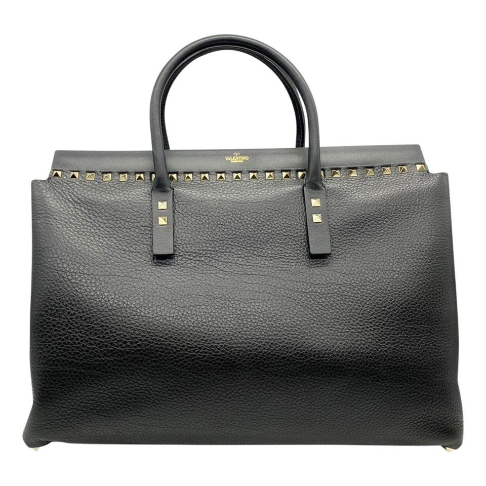 Valentino Medium Rockstud Double Handle Satchel Black Leather Tote