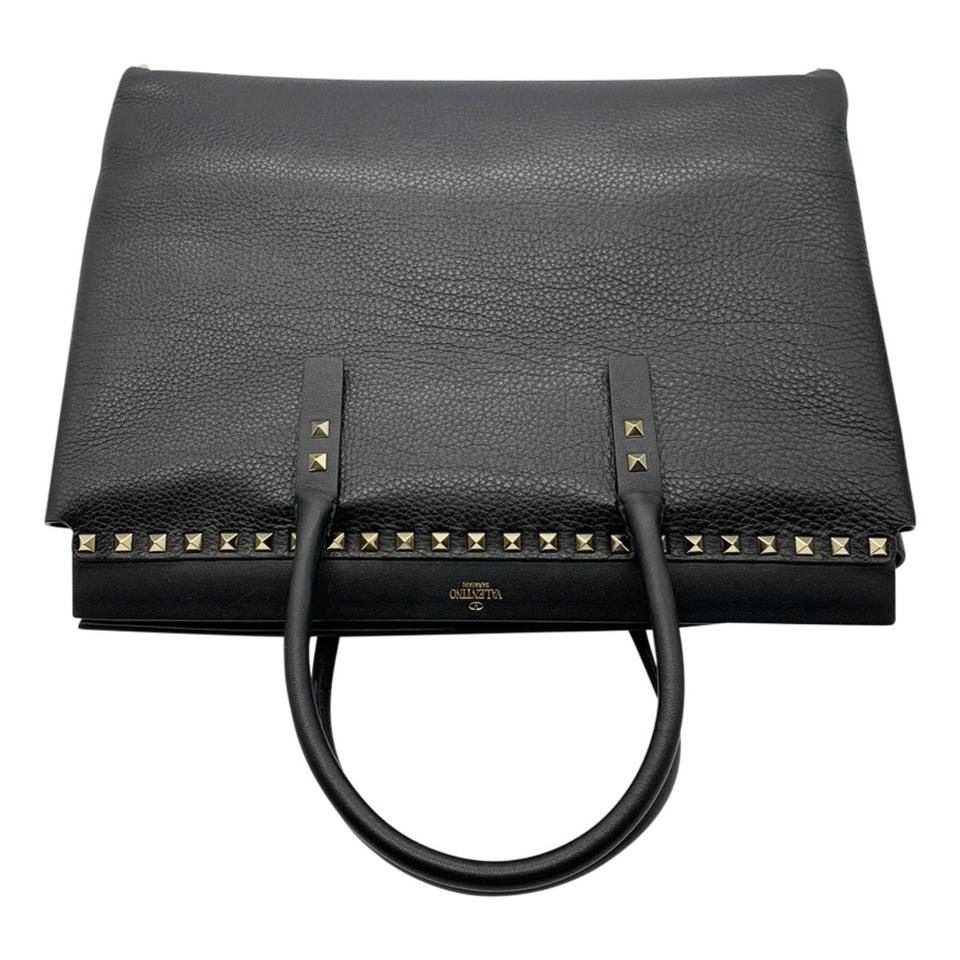 Valentino Medium Rockstud Double Handle Satchel Black Leather Tote